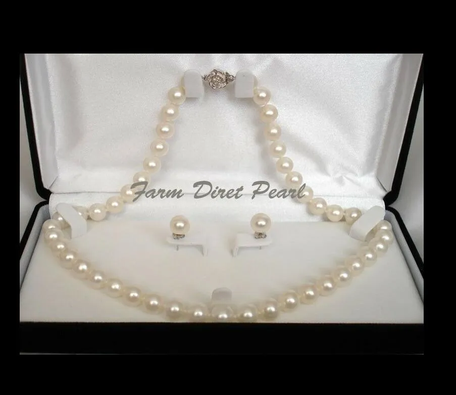 Neue feine Perlenschmuck echte Runde 9-10mm weiße Perlen Halskette 2pc Set 18 "Kultiviertes Süßwasser