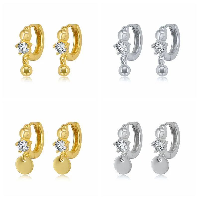HOOP Huggie 1 paire 925 boucles d'oreilles en argent sterling pour femmes ballon / paillettes Pendentifs Hoops Un zircon diamant bijoux A30