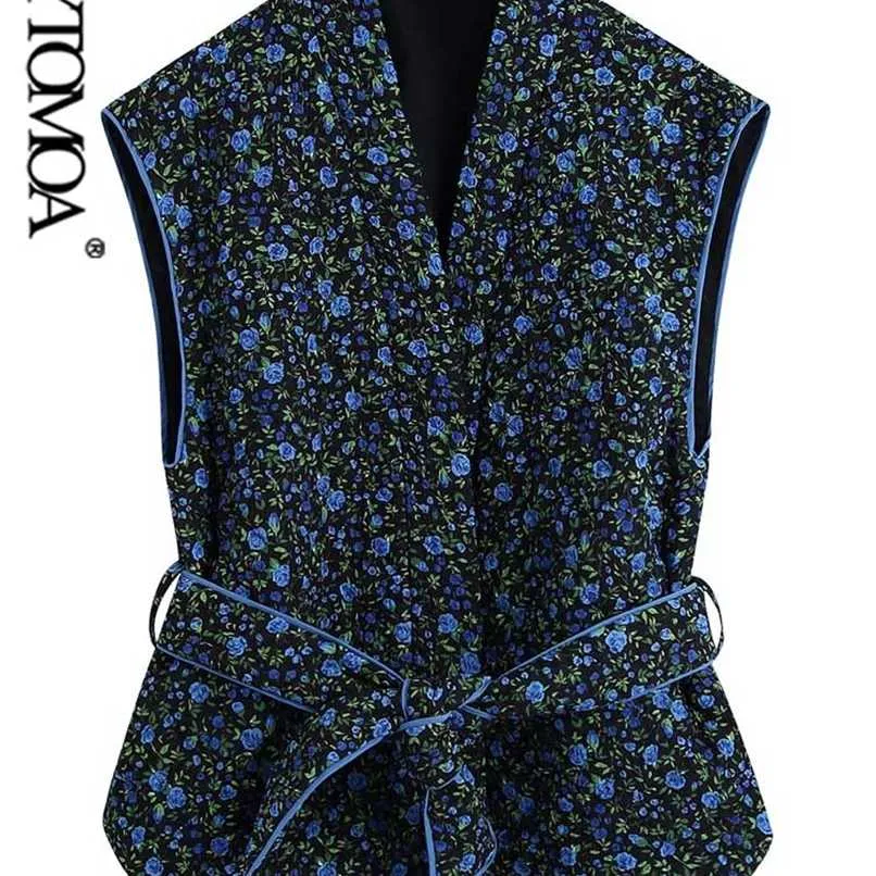 Kpytomoa النساء أزياء مع حزام الأزهار طباعة رقيقة مبطن صدرية خمر الخامس الرقبة أكمام الإناث قميص شيك فيستي 211123