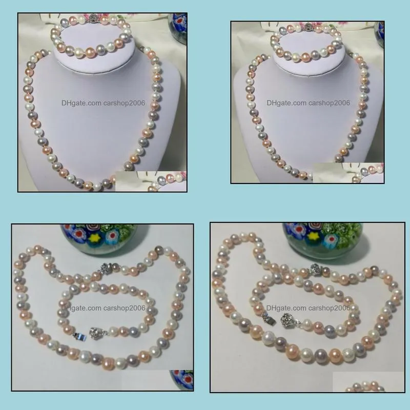 8-9mm Mixed Colors Natural Pearl Beaded Necklace+ Bracelet 925 Silver Clasp Women`s Gift Jewelry