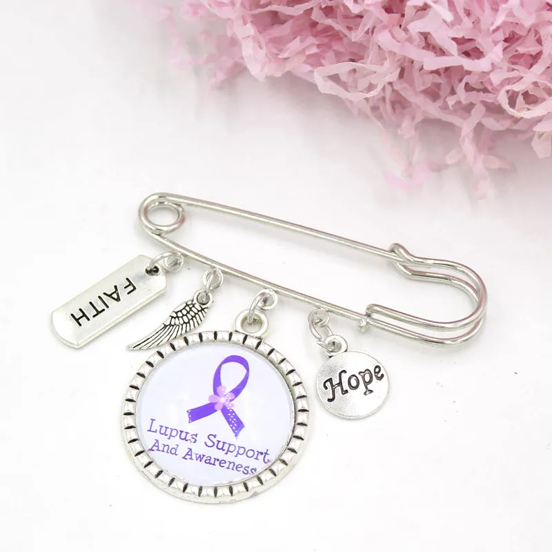 Wholesale Purple Ribbon Cancer Brooch Faith Hope Lupus Support Awareness Brooches Safety Pins for Women Men Jewelry Clothes Accessory