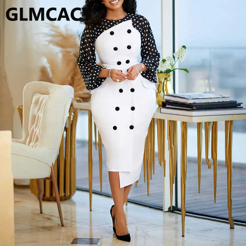 Office Lady Elegant Plus Size White Dress with Double Breasted Asymmetrical Hem and Dot Splicing - 210702