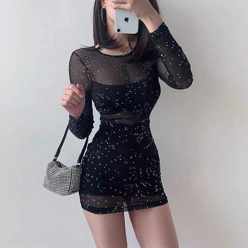 Spring Mesh Patchwork Dress Sexy Nachtclub Party Mini Jurk Lange Mouwen Glanzende Basic Black 210604