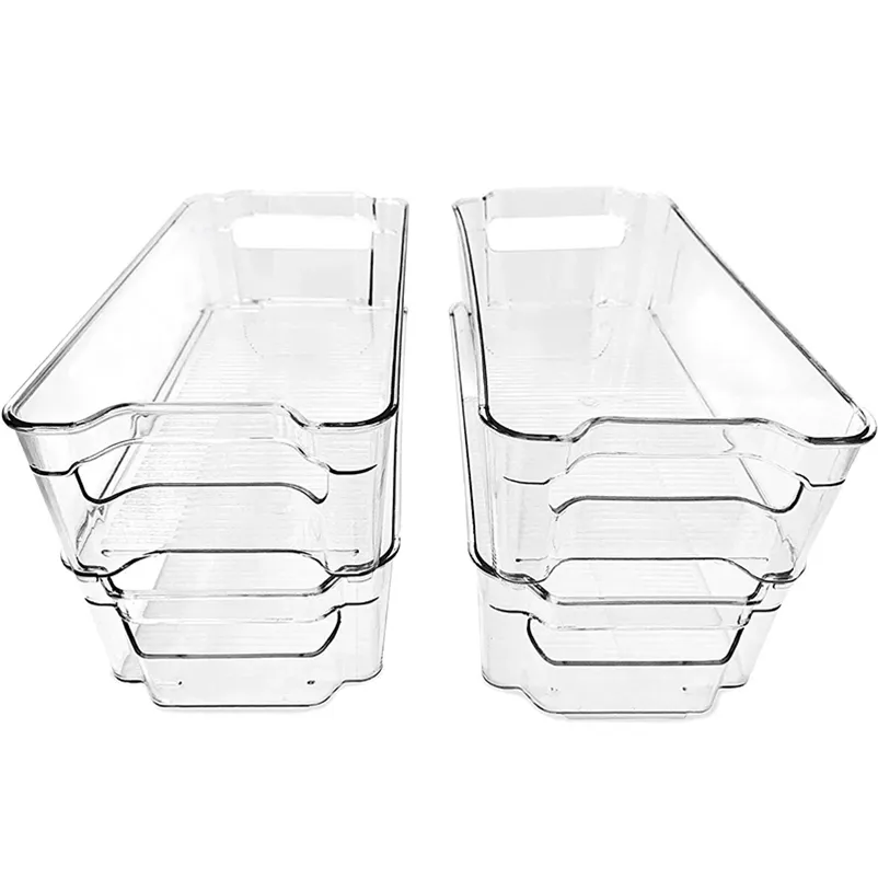 Stackbara plastförvaring Bins Kylskåp Organizer Clear Pantry Friend Organisation Handtag för kök Frys Rack Cabinet Tools 210315