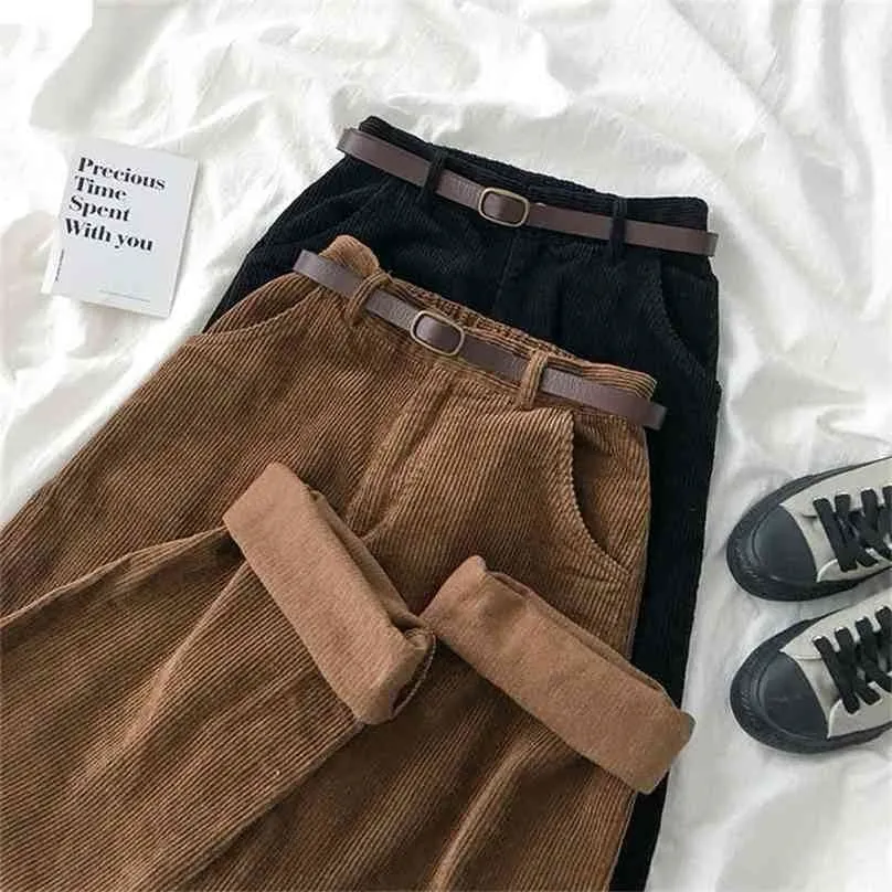 Hög midja Corduroy Wide Benbyxor Kvinnlig Vintage Brun Svart Rak Byxor Utan Bälte Kvinnor Casual Harajuku Bottoms 210915