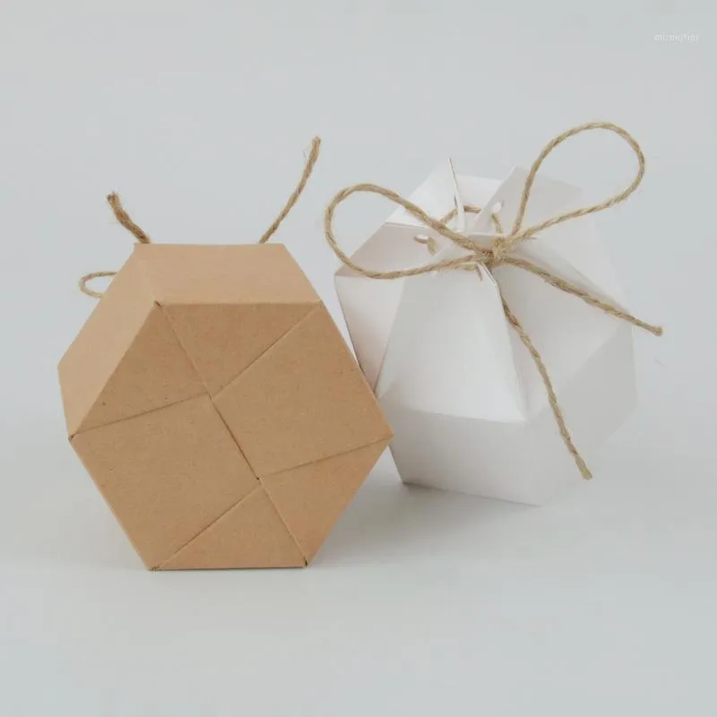 Enrolamento de presentes 20/50pcs Hexagon Candy Box Kraft White Wedding Dragee Boxes Party Cartbard Baby Churcia Baptism Sacos