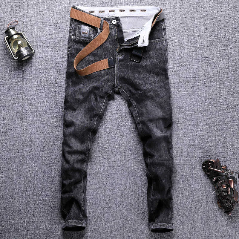 Jeans da uomo di moda in stile coreano Pantaloni di jeans casual vintage di alta qualità retrò nero grigio elastico slim fit JAU0