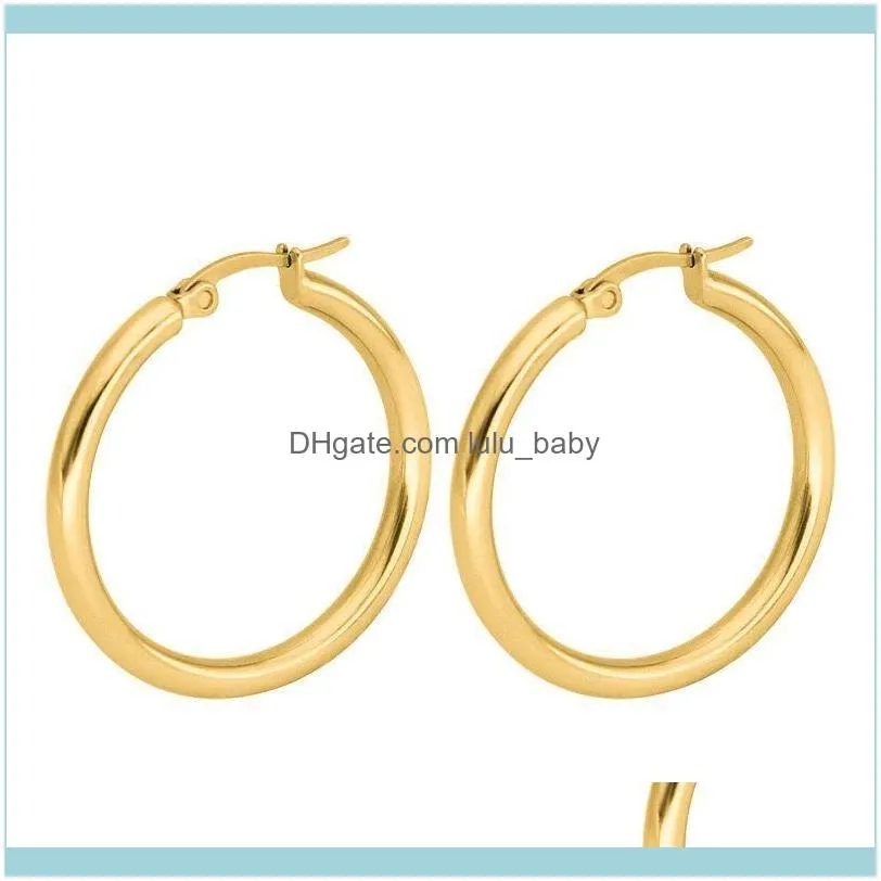 MxGxFam Stainless Steel Smooth Round Circle Hoop Earrings (1pair) Jewelry For Women Fashion 3 Size Choices Gold Color & Huggie