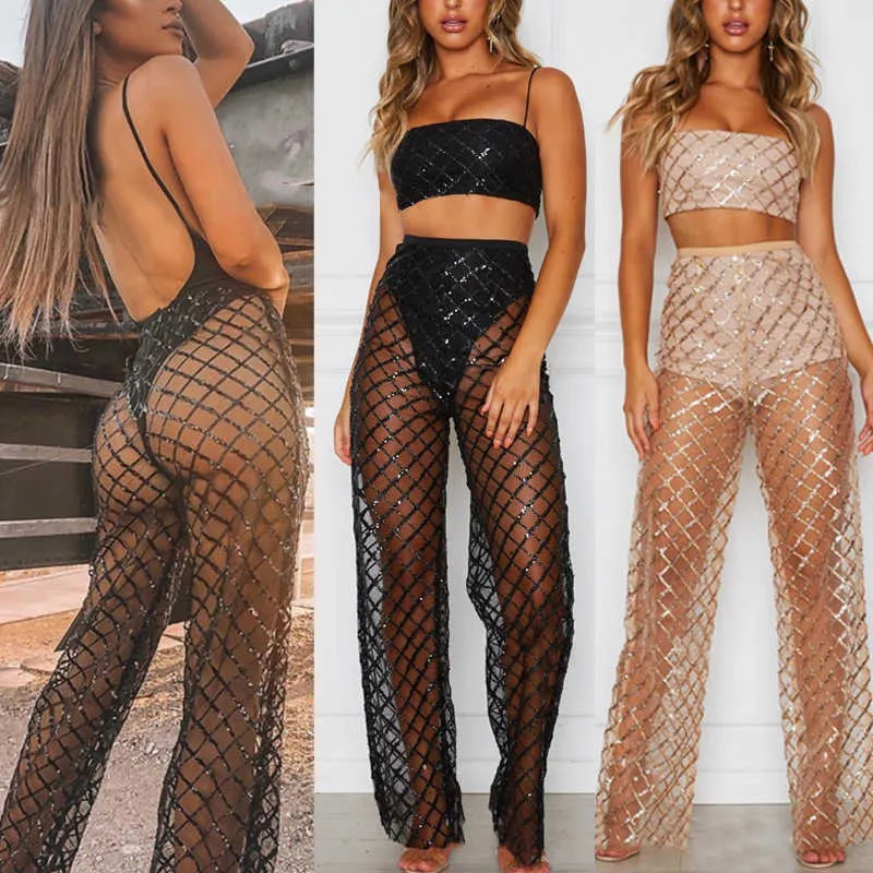 OMSJ Beach Mesh Sheer Sunscreen Loose Trousers Womens High Waist Fashion See Through Sexy Wide Leg Pants High Street Club Pants Q0801