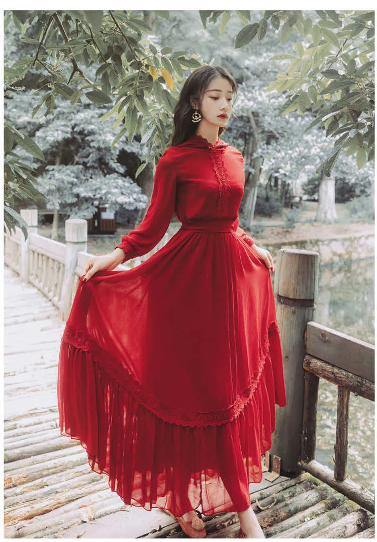 YOSIMI Elegant Red Chiffon Maxi Dress with Lace hood and Wrist Sleeves - Perfect for Summer and Flare Occasions (210604)