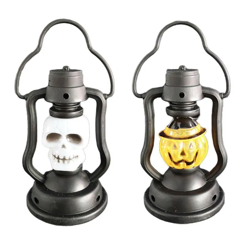 Halloween Kerosene Pumpkin Skeleton Head Lantern Electric Vintage Night