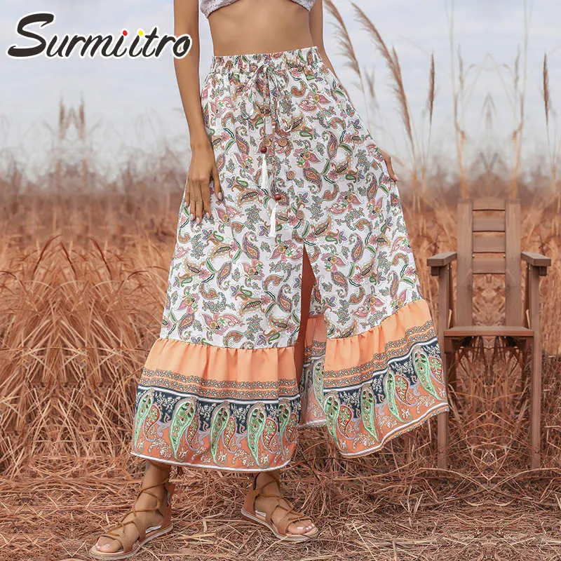 SURMIITRO été mode longue Boho jupe femmes noix de cajou imprimé fleuri en mousseline de soie taille haute Maxi a-ligne jupe fendue femme 210712