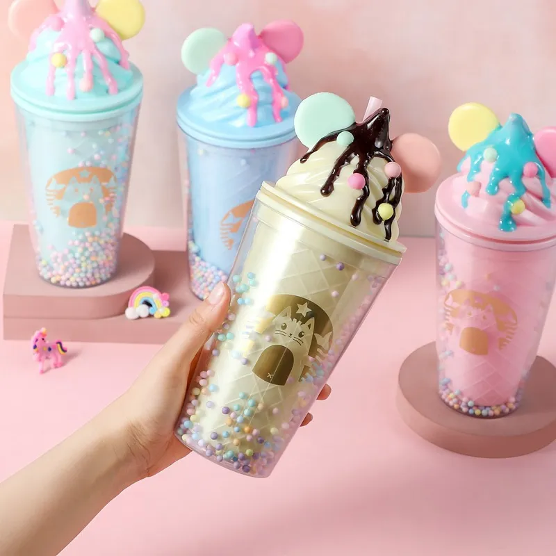 450ml Cartoon Pattern Tumbler with Straws Plastic Double Layer Summer Party Water Juice Cup