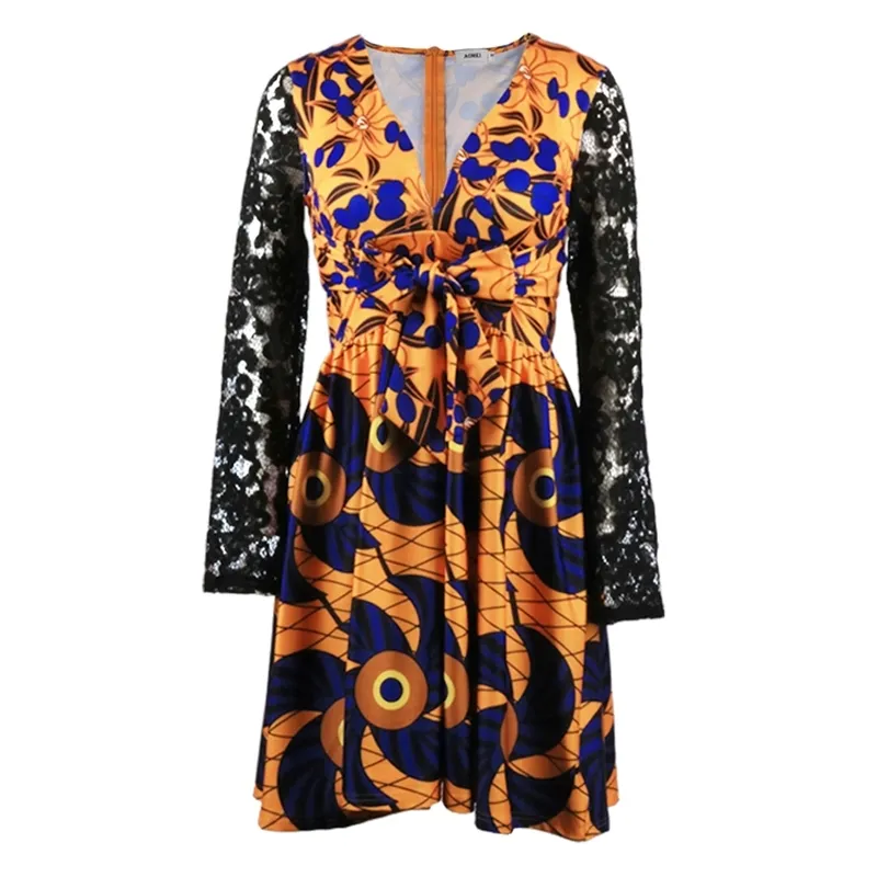 Geometric Print Dress Floral for Women Retro Printed A Line Lace Long Sleeve Deep V Neck Up Sexy Clubwear Celebrity est 210527