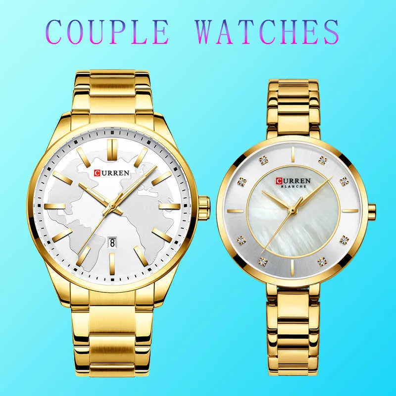 Curren Couple Watches Man And Woman For Lovers Gold Stainless Steel Dress Minimalist Watch Men Waterproof Relogio Masculino 210527