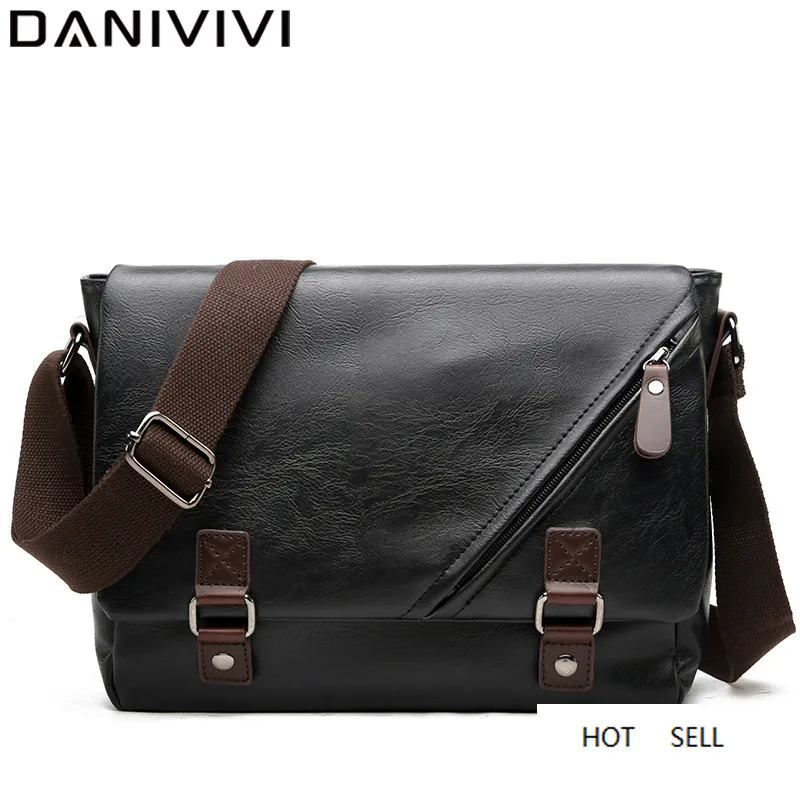 Multi-Pocket Leather Messenger Bag för Men Fashion Laptop Skolkontor Mäns Skulder Crossbody Väskor