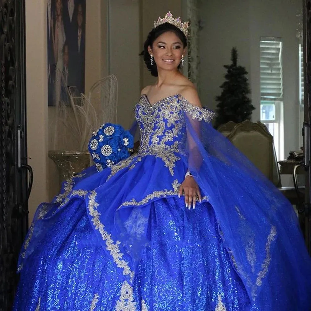 Graduações de contas azuis reais brilhantes vestidos quinceanera fora do ombro com mangas de mangas Princesa Doces Cinderela