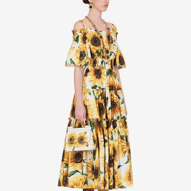 Fashion Runway Designer Frühling Sommer Frauen Halbarm Sunflower Print Midi Kleid Slash Neck Sommerkleid Urlaub Langes Kleid 210529