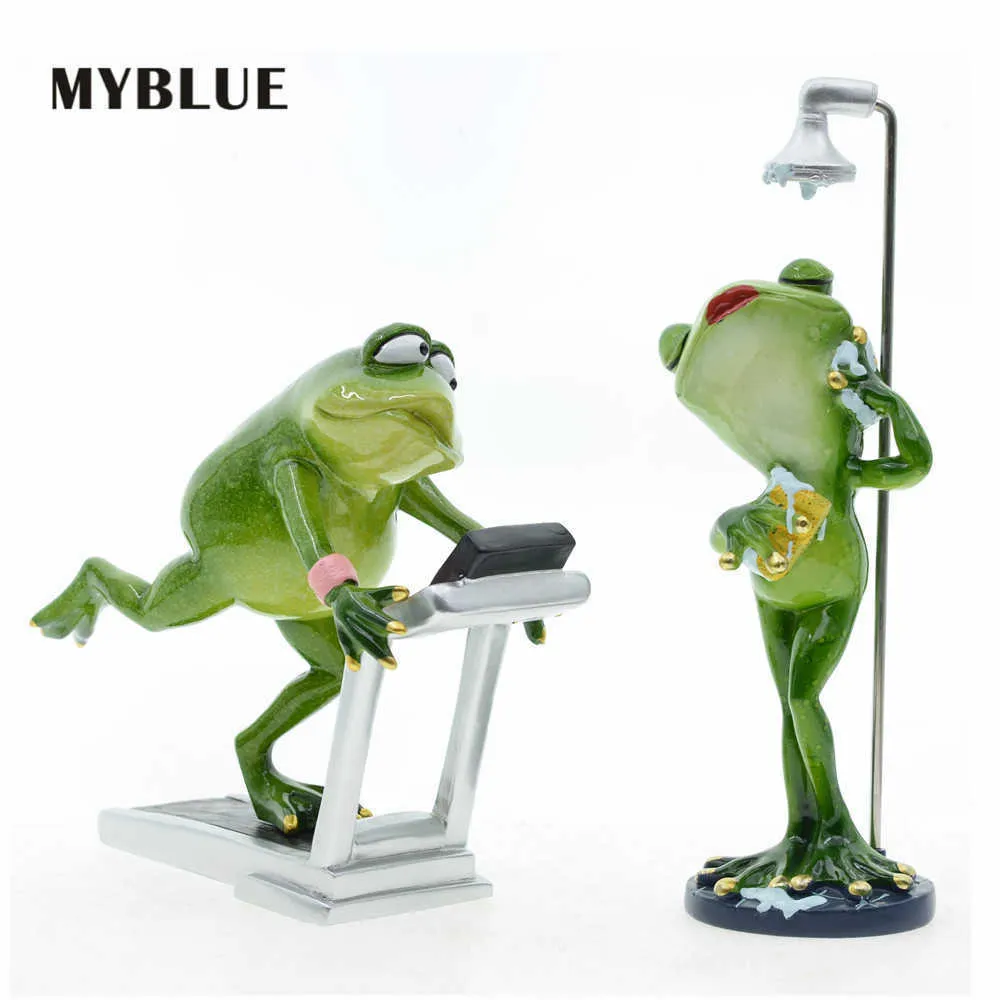 MYBLUE Kawaii Jardin Animal Résine Courir Sport Douche Grenouille Figurine Miniature Nordique Maison Chambre Table Décoration Accessoires 210804