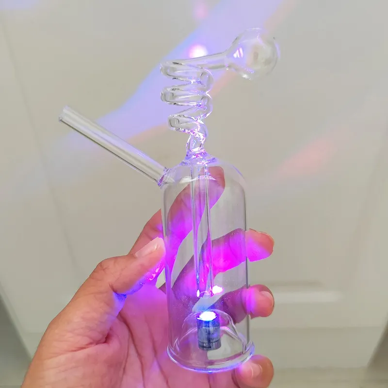 LED Glow Glas Vattenpipa Spiral Rökpipa Rök Shisha Engångsglasrör Oljebrännare Askfångare Bong Percolater Hel Set Bubbler Tobaksskål Tillbehör