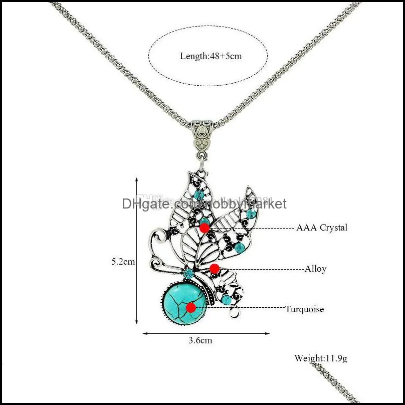 Vintage Turquoise Necklaces Square Elephant Heart Leaves flower Natural stone Pendant Long chains For women Fashion Jewelry Gift