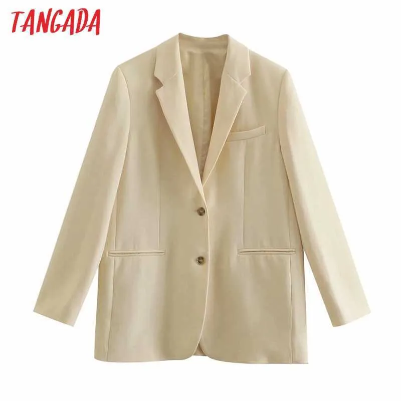 Tangada Fashion Women Solid Blazer Coat Vintage Notched Collar Pocket Female Casual Chic Tops 4M39 210609