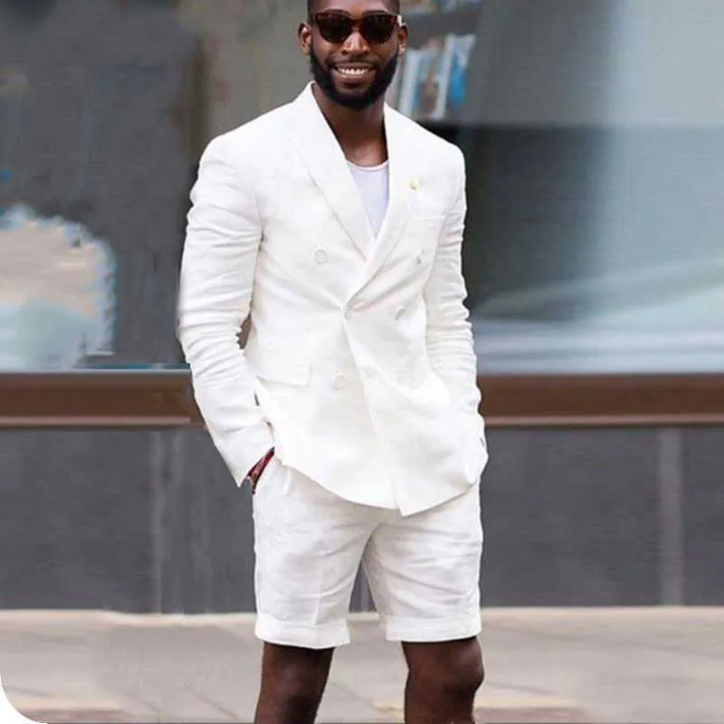 Double Breasted Linen Summer Men Suits with Short Pants 2 Piece White Blazer Casual Fashion Style Wedding Groom Tuxedos X0909