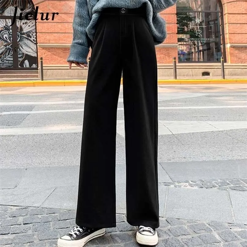 Pantaloni a gamba larga stile coreano Jielur Pantaloni larghi di lana neri da donna a vita alta da donna dritti larghi invernali M-XXL 211115