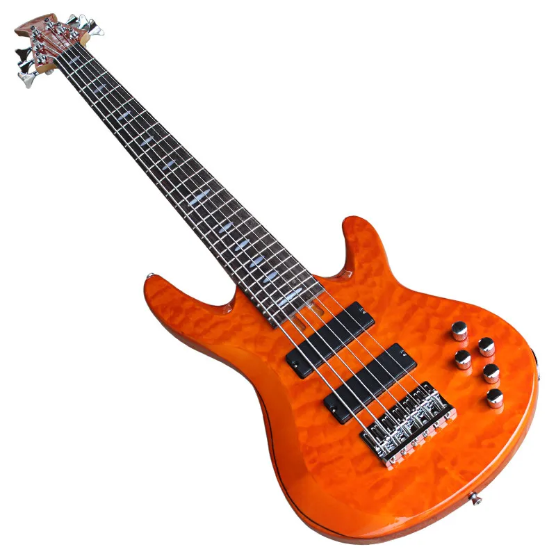 Orange Body 6 Strängar 24 Frets Elektrisk basgitarr med 2 pickup, Rosewood Fingerboard, kan anpassas