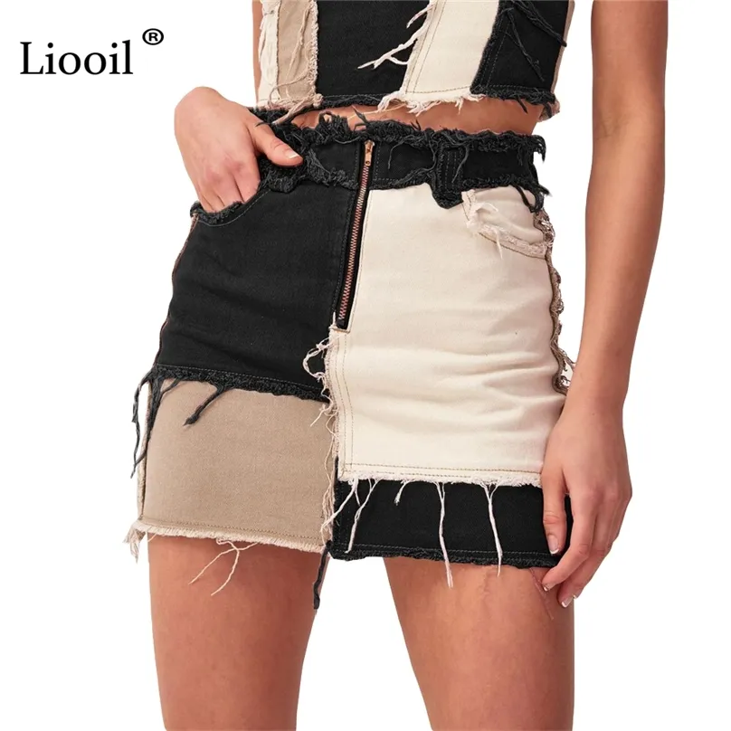 Liooil Patchwork Cotton Denim High Waist A-Line Skirts With Pockets Autumn Streetwear Color Block Zipper Women Sexy Mini Skirt 210629