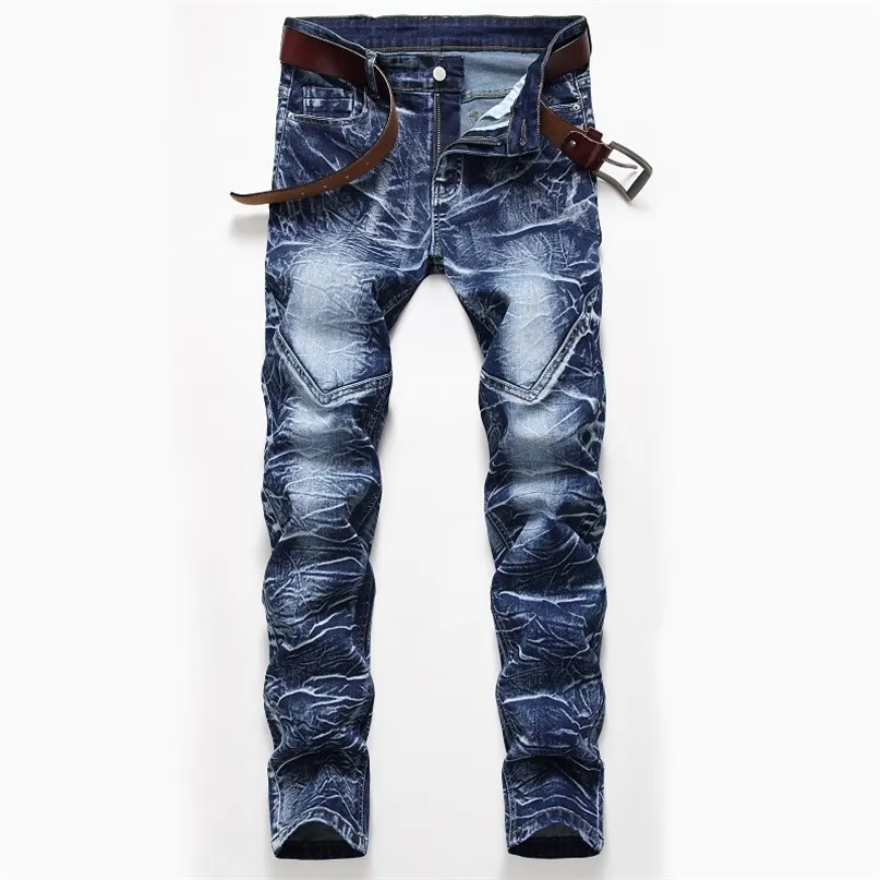 Śnieg Płukanki Patchwork Męskie Proste Elastyczne Dżinsy Plus Rozmiar Vintage Patch Slim Denim Długie Białe Bawełniane Mężczyźni Jean Spodnie 210723