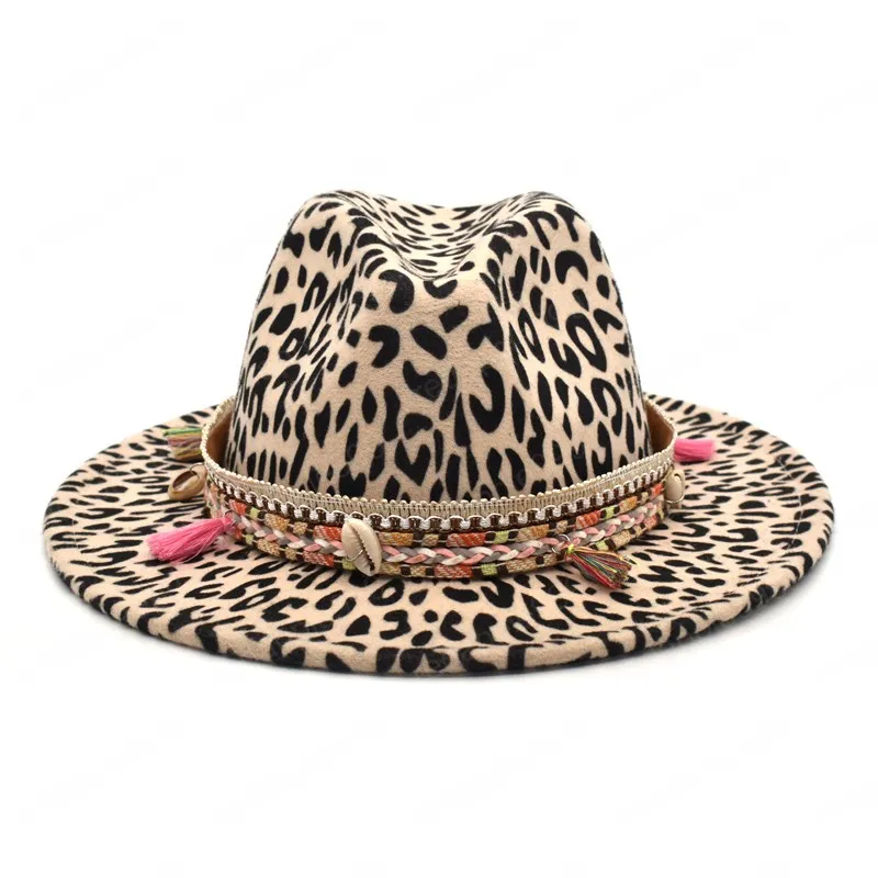 Nuevo sombrero de fieltro de moda para mujer, sombreros de Jazz de ala ancha con estampado de leopardo, sombreros de Jazz Unisex de lana Vintage para caballero, elegante viaje al aire libre