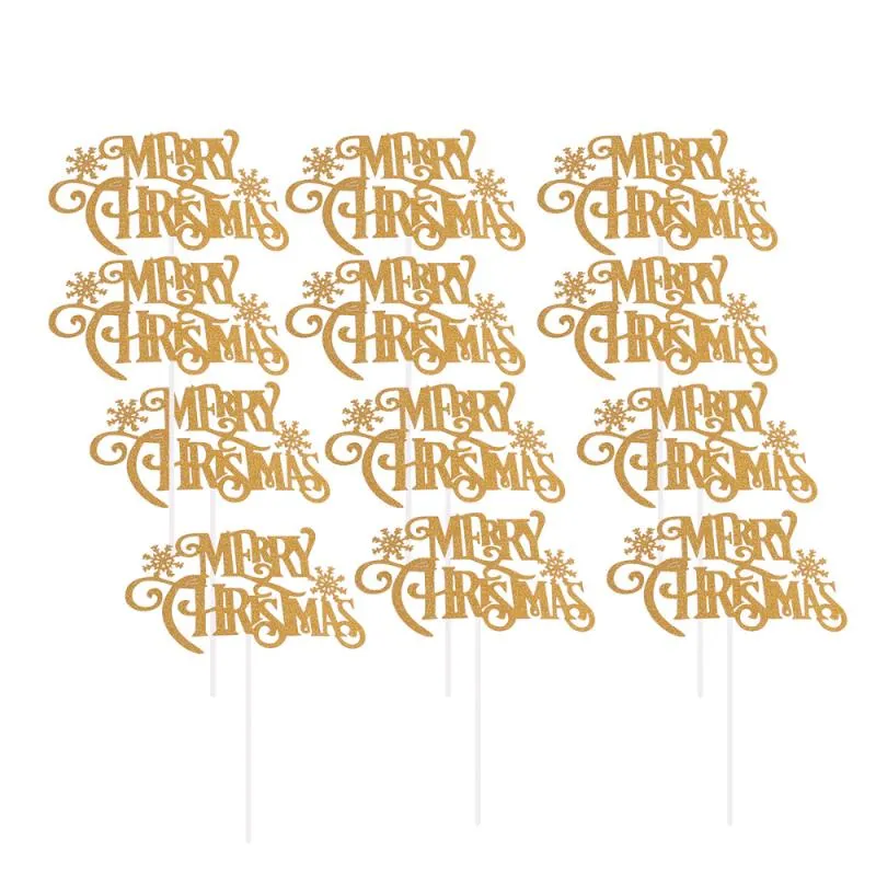 Autres fournitures de fête festive 12pcs papier gâteau décor créatif neige joyeux Noël lettre cupcake pick (doré)