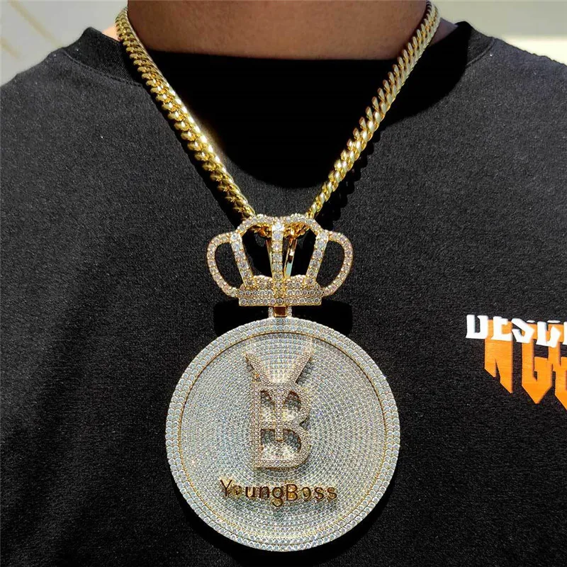 High Quality Gold Plated Full Bling CZ Diamond Round Crown Letter Pendant Necklace for Mens Women with 3mm 24inch Rope Chain Hip Hop Bling Jewelry Gift