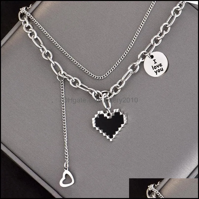 Chains 316L Stainless Steel Fadeless Black Mosaics Hearts Pixel Double Necklace Web Celebrity Hip Hop Rock Clavicle Chain Loves