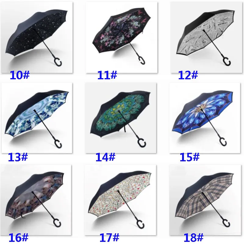 56 Styles Folding Reverse Umbrella Double Layer C Handle Umbrellas Unisex Inverted Long Handle Windproof Rain Car Umbrellas Gifts HH7-1950