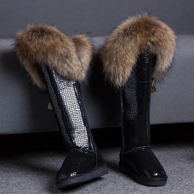 Snow Warm Fur Shoes Women's Winter Lining Real Fur Trim Suede Leather Knee High Boots Thick 12Colors Flats Shoes New