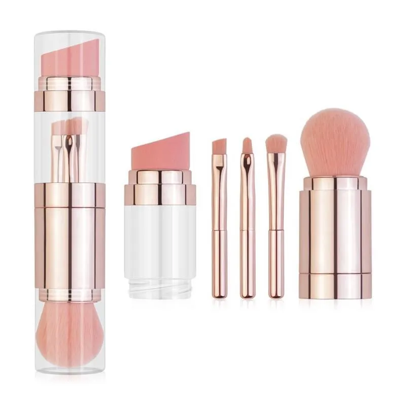 Pincéis de Maquiagem 5 em 1 Base Retrátil Sombra Delineador Blush Pó Pincel Cosmético Corretivo Maquiagem Com Tampa