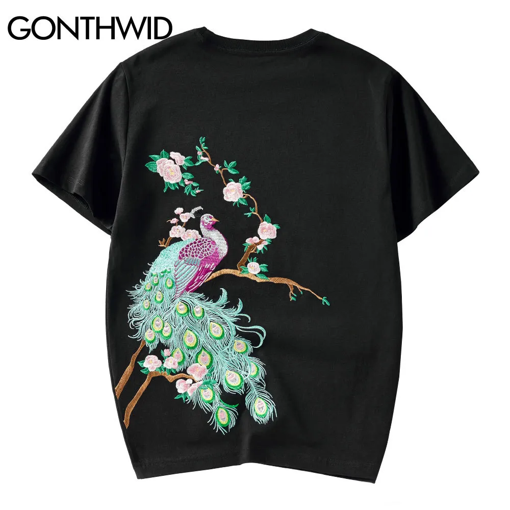 Gonthwid camiseta hip hop casual streetwear homens pavão flores bordados de manga curta algodão camisetas harajuku moda tees tops c0315