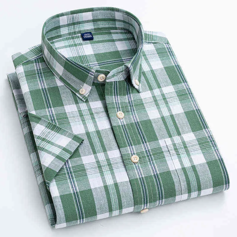 Mäns sommar casual kortärmad pläd linne bomull skjorta klassisk passform knapp-down krage bekväma mjuka randiga kontrollerade skjortor g0105