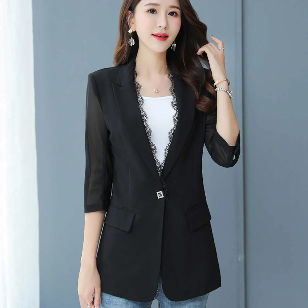 Veste femme avec boutons blazer noir printemps été manches sept points veste mince pour femmes dentelle un bouton costume x0721