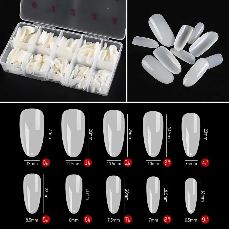 500pcs Rensa falska naglar Tips Half Cover Lady French Style Acrylic Artificiell Tip Manikyr med låda med 10 storlekar för nagelkonstsalonger och hem DIY