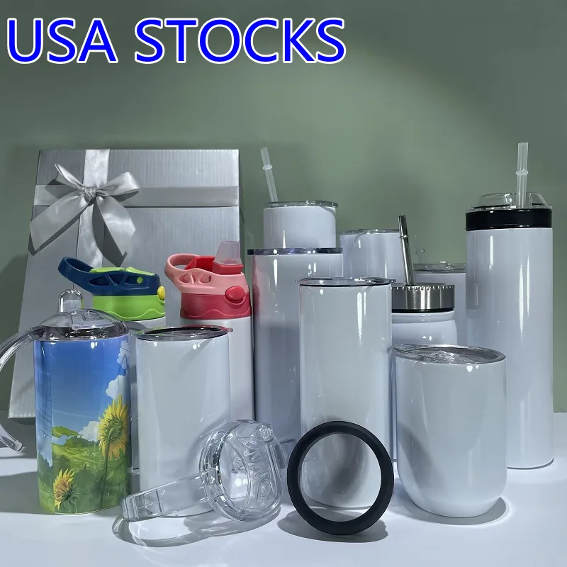 USA lagerfört! Flera typer av sublimeringsämnen Muggar 12 oz raka sippy-koppar med 2 st lock 6 färgade barnglas 22 oz feta tumlare 500 ml presentflaskset Vinmugg