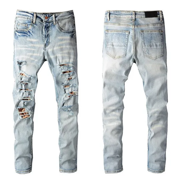 Plus Size W40 Herren Jeans Berühmte Marke 2022SS Washed Leopard Patch Designer Slim-Leg Jean Slim Light Weight Stretch Denim Skinny Bl253q