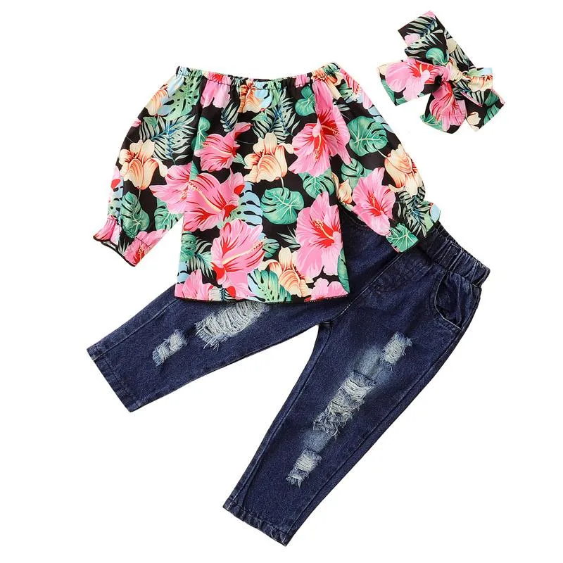 Kids Girls Jeans Suit Floral One Shoulder Tops Toddler Baby Denim Trousers Sets Teens Casual Outfits Kids Distressed Jeans Headband