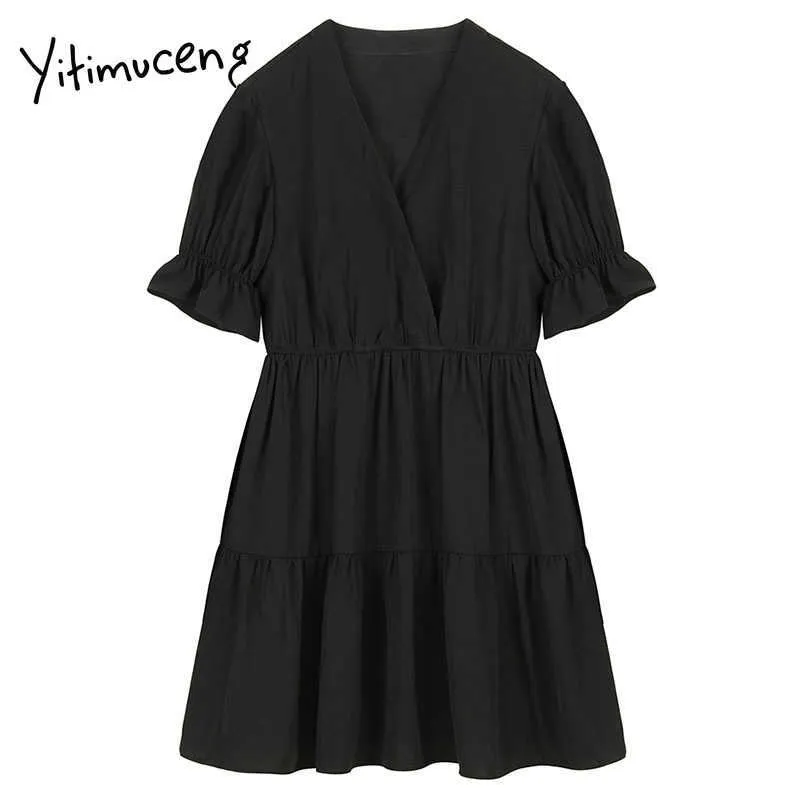 Yitimuceng Flunced Edge Chiffon платья для женщин сплошной черный весенний V-образным вырезом Свободная талия с коротким рукавом французский офис Lady 210601