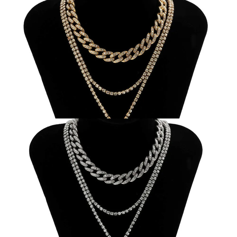 Ingesight.z 3pcs / set rhinestones miami curb kubansk choker halsband kvinnlig multi skiktad kvadratkristall hängsmycke halsband smycken q0809