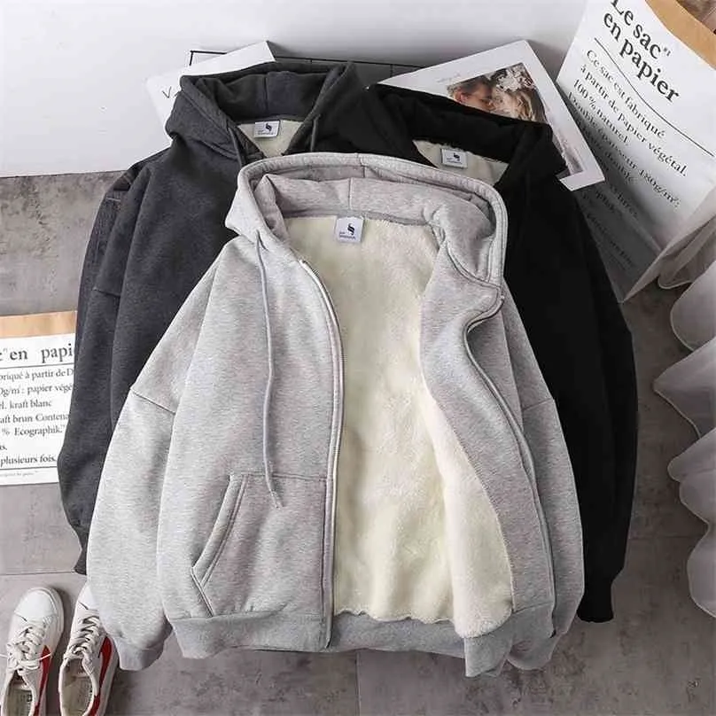 Jas vrouwen effen kleur hoodies herfst winter imitatie lam wol Koreaanse losse plus fluwelen dikke rits sweatshirt tops 210803