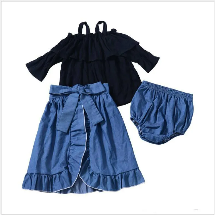 New Hot Sale Sets For Girls Clothing Set Sling Top   Denim Skirt   PP Shorts Girls Boutique Fall Clothes Kids Suits Girl Outfits