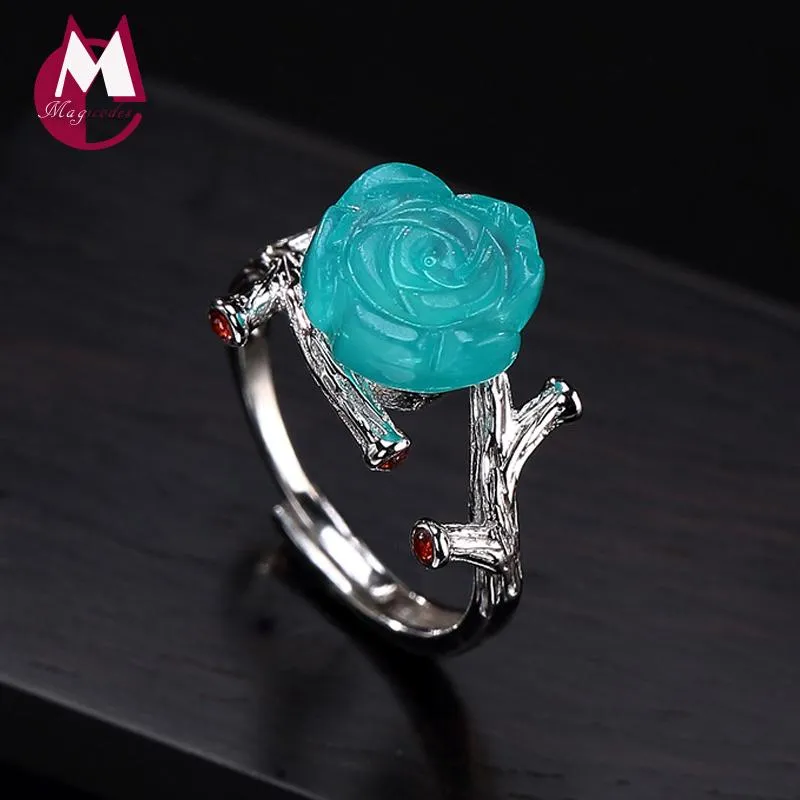 Pierścienie klastrowe 2021 MOSAIC Natural Stone Rose Początkowy regulowany pierścień 100% 925 Srebrny srebrna biżuteria Kobiety Dzień Matki Prezent R37